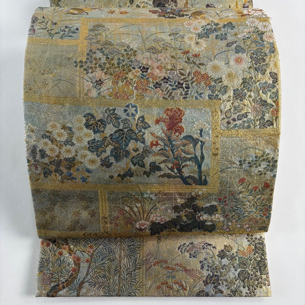 丸帯 琳派大全集 花鳥 箔 金糸 金色 お太鼓柄 正絹