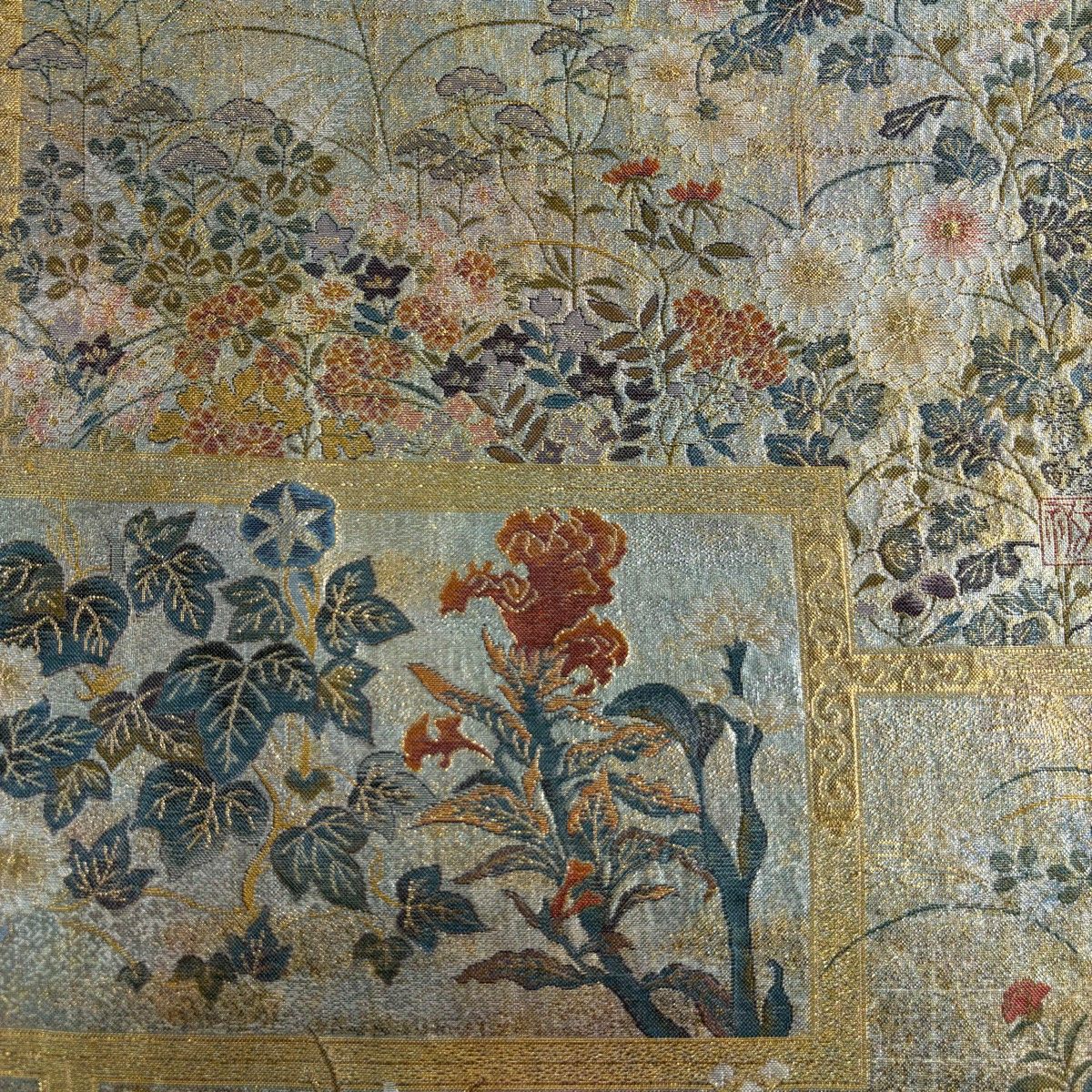 丸帯 琳派大全集 花鳥 箔 金糸 金色 お太鼓柄 正絹