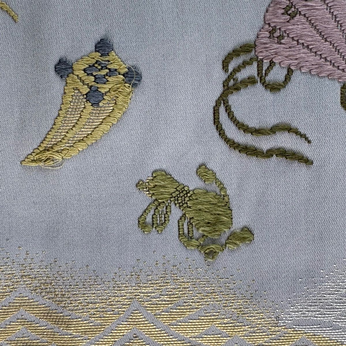  袋帯 落款 山口弘躬工房 祥波宝尽し文 銀糸 箔 灰色 お太鼓柄 正絹 袋帯 帯