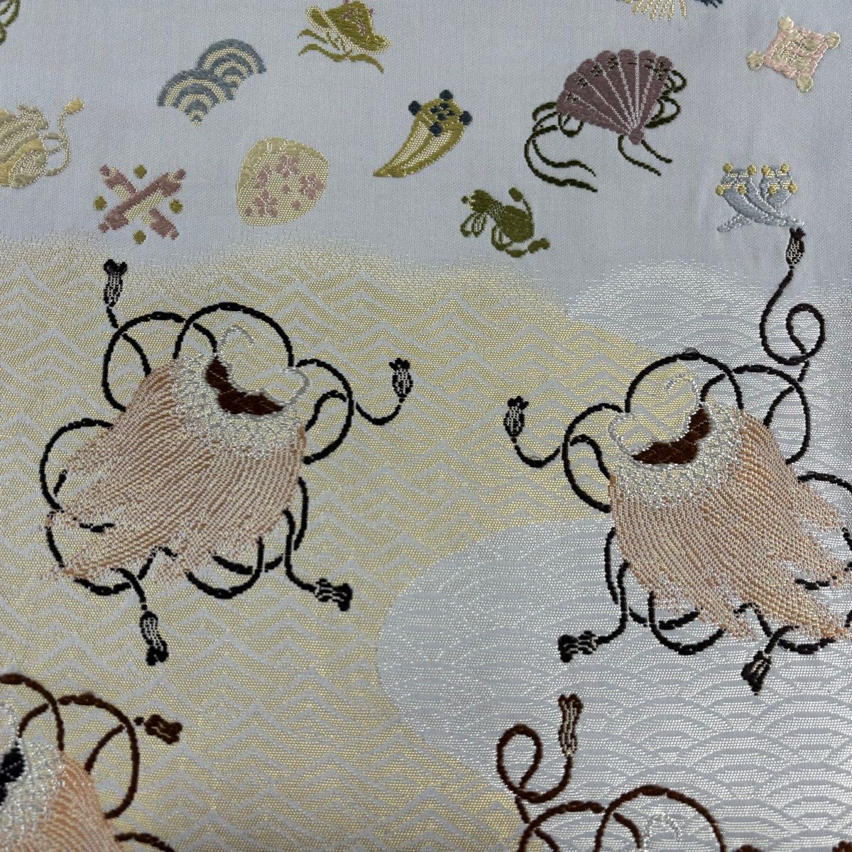 袋帯 落款 山口弘躬工房 祥波宝尽し文 銀糸 箔 灰色 お太鼓柄 正絹