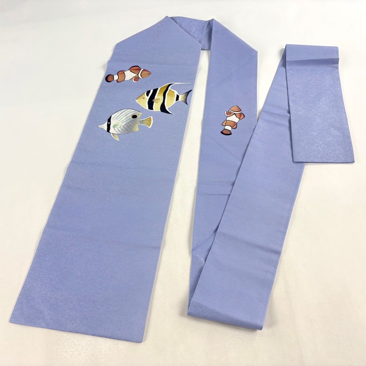  名古屋帯 エンゼルフィッシュ クマノミ 銀糸 ぼかし 水色 正絹 名古屋帯 帯