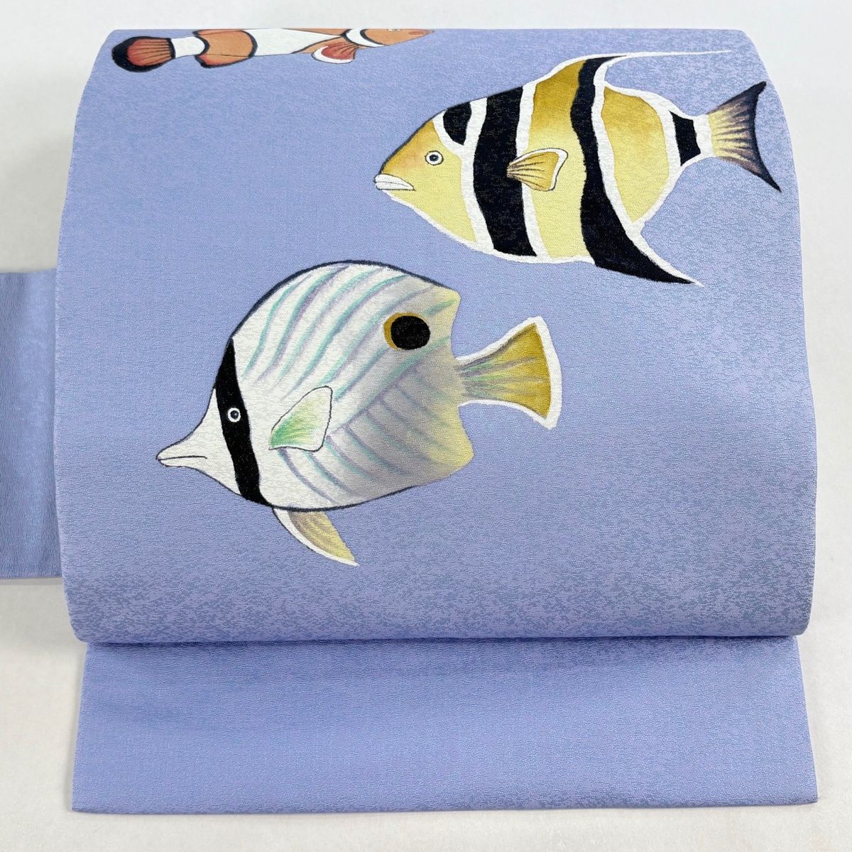 名古屋帯 エンゼルフィッシュ クマノミ 銀糸 ぼかし 水色 正絹