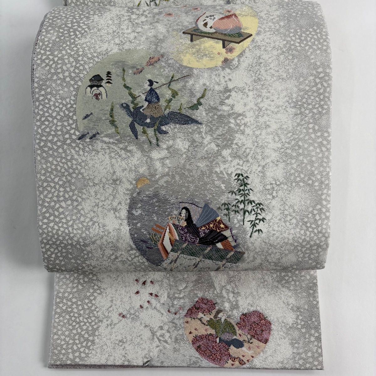 袋帯 日本昔話 浦島太郎 金銀糸 箔 灰色 お太鼓柄 正絹
