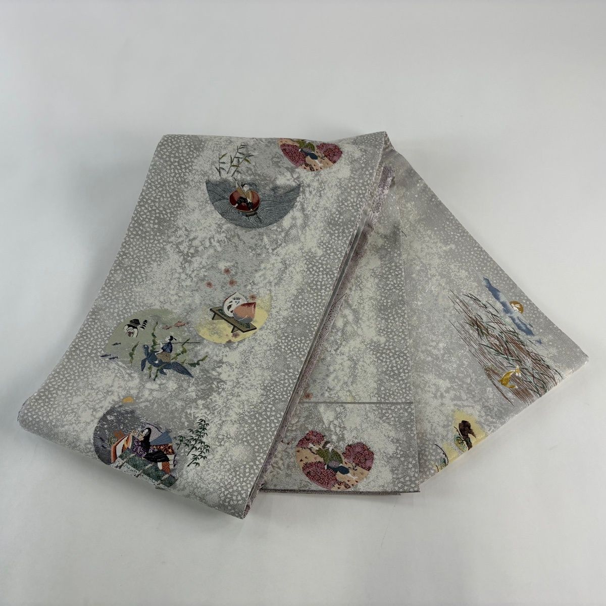  袋帯 日本昔話 浦島太郎 金銀糸 箔 灰色 お太鼓柄 正絹 袋帯 帯