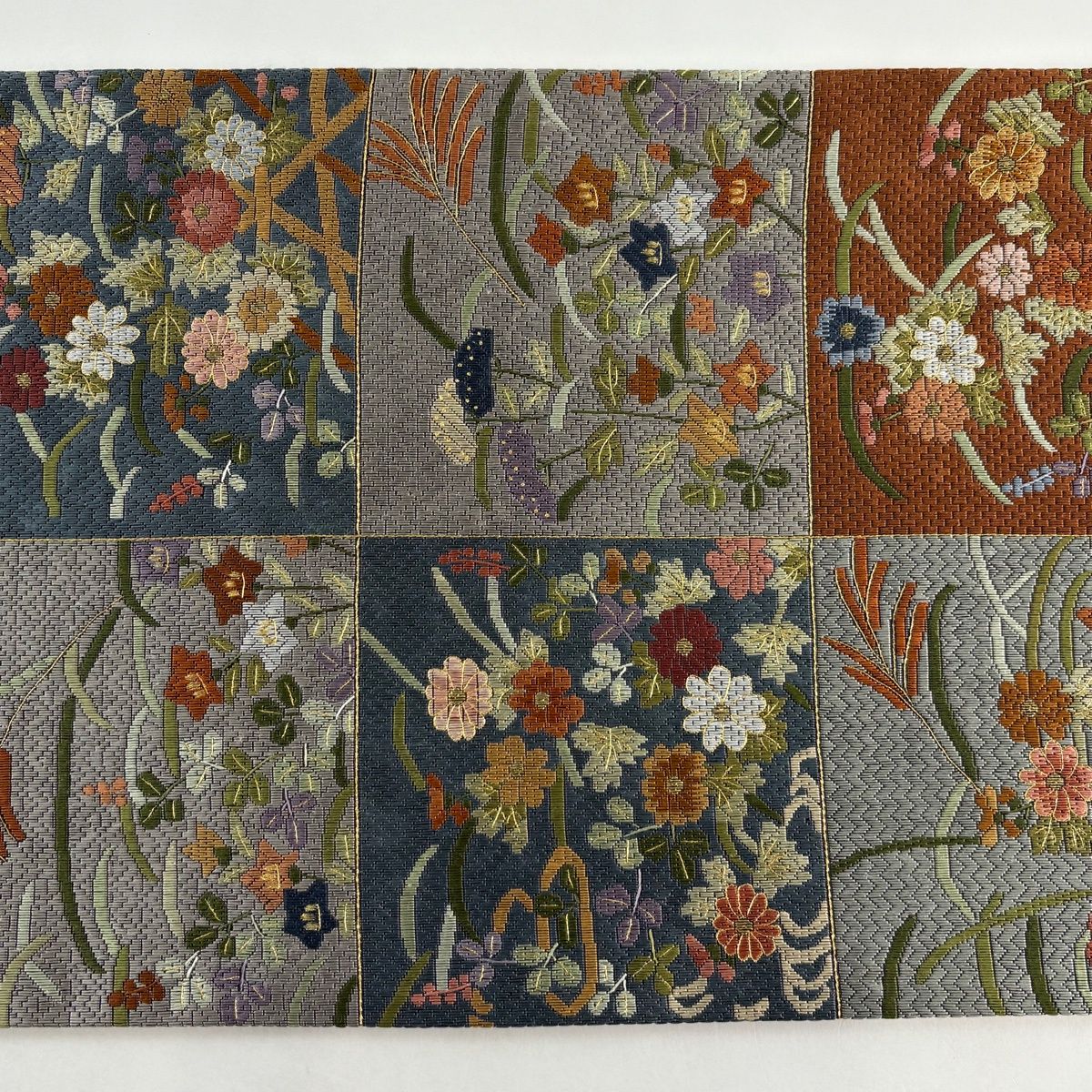  袋帯 秋草 変わり市松 金糸 薄茶色 全通 正絹 袋帯 帯