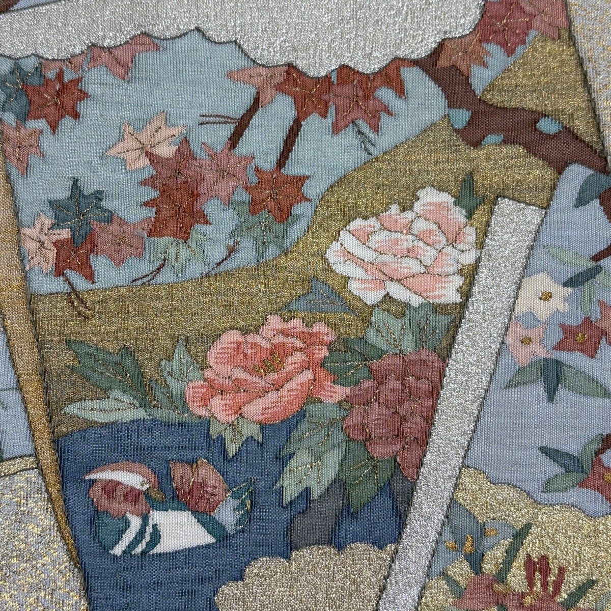 袋帯 色紙 草花 箔 灰茶 お太鼓柄 正絹