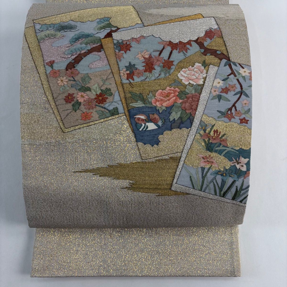 袋帯 色紙 草花 箔 灰茶 お太鼓柄 正絹