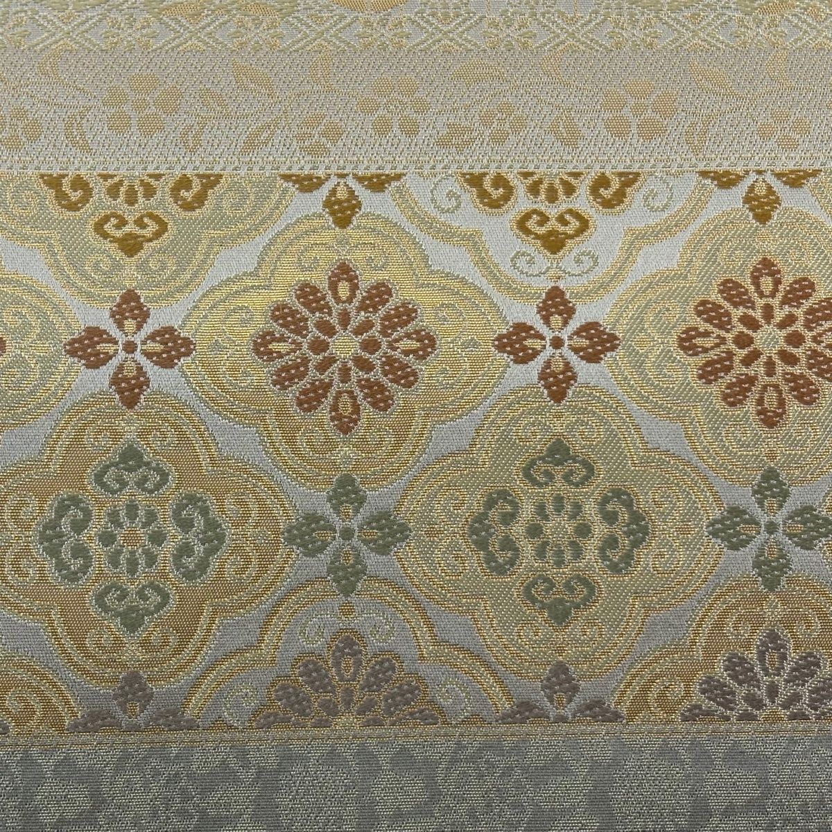 美品】 袋帯 逸品 箔屋清兵衛 落款 悠久の美 七宝 花 唐織 箔 薄緑