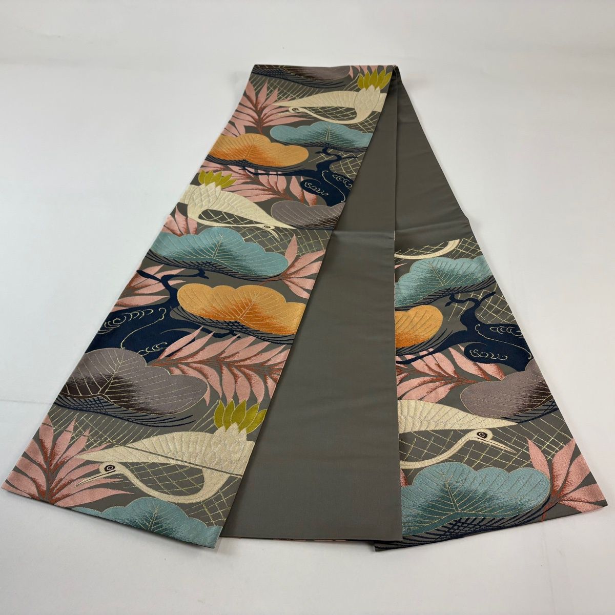  袋帯 白綾苑大庭 落款 笠松 鳥 金糸 箔 灰色 六通 正絹 袋帯 帯