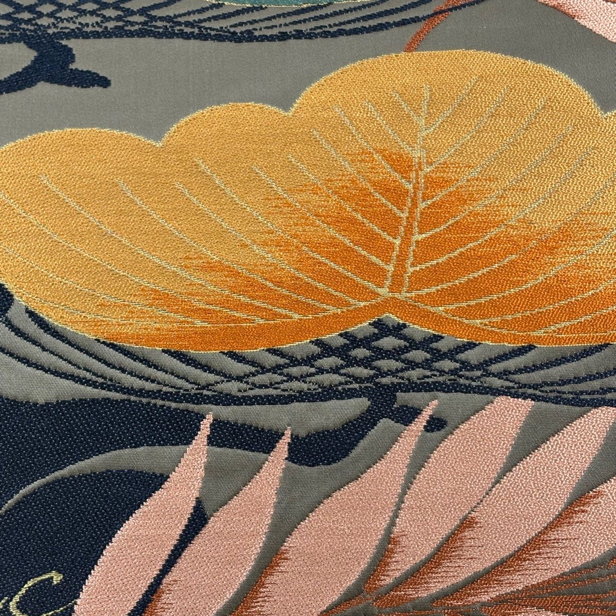 袋帯 白綾苑大庭 落款 笠松 鳥 金糸 箔 灰色 六通 正絹