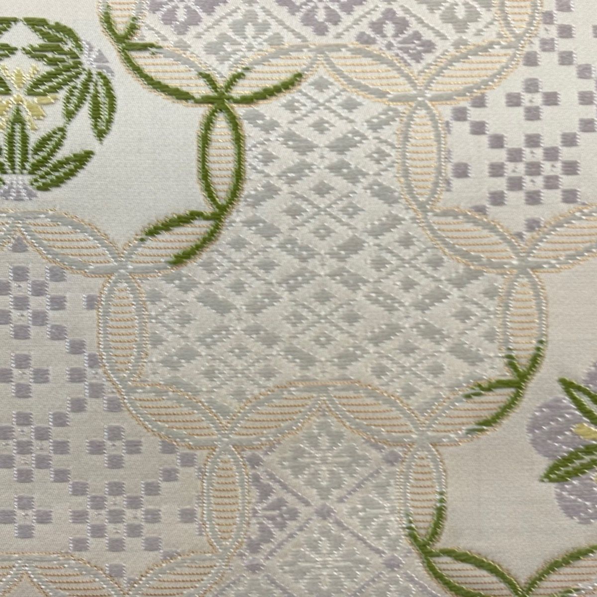 袋帯 能衣毘沙門七宝文 松竹梅 菱 箔 唐織 灰白 六通 正絹