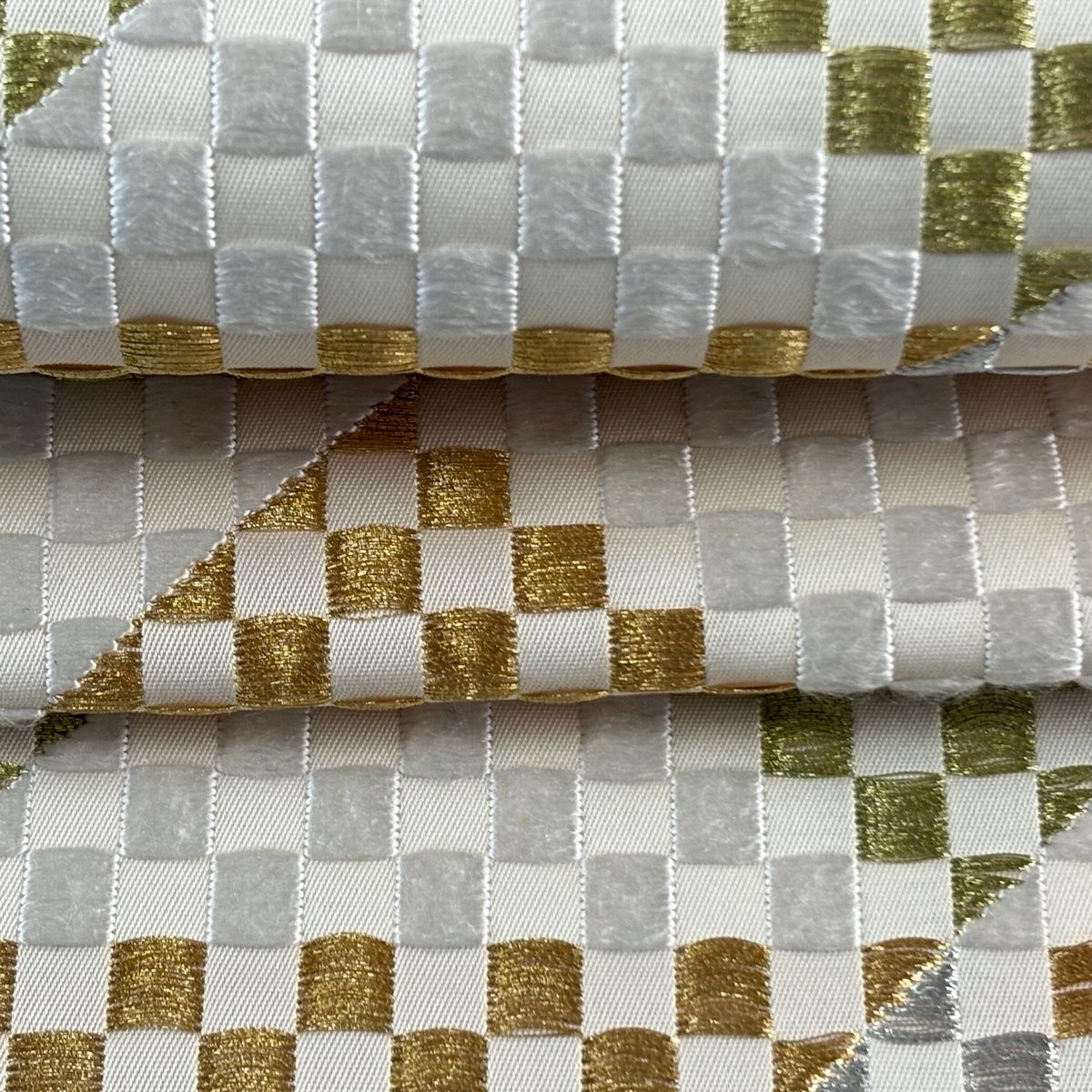  袋帯 落款 山口正夫監修 うろこ文 市松 金銀糸 クリーム お太鼓柄 正絹 袋帯 帯