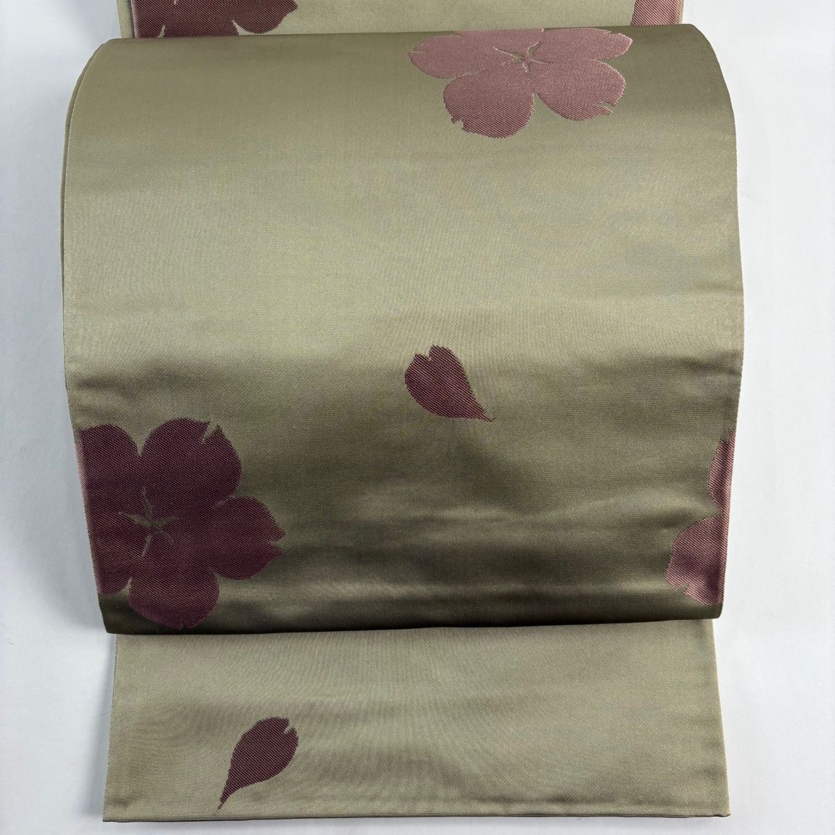 袋帯 辻村ジュサブロー 落款 関西仕立て 桜 花びら 灰緑 六通 正絹