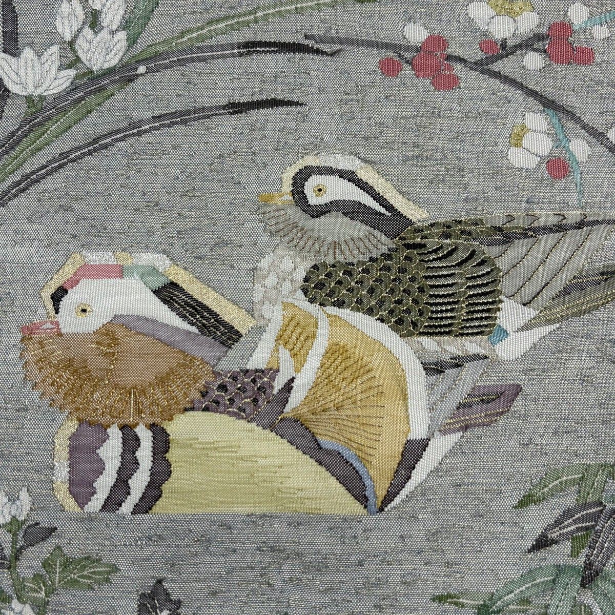 袋帯 羽田登喜男監修 落款 鴛鴦 梅竹 金銀糸 灰色 お太鼓柄 正絹