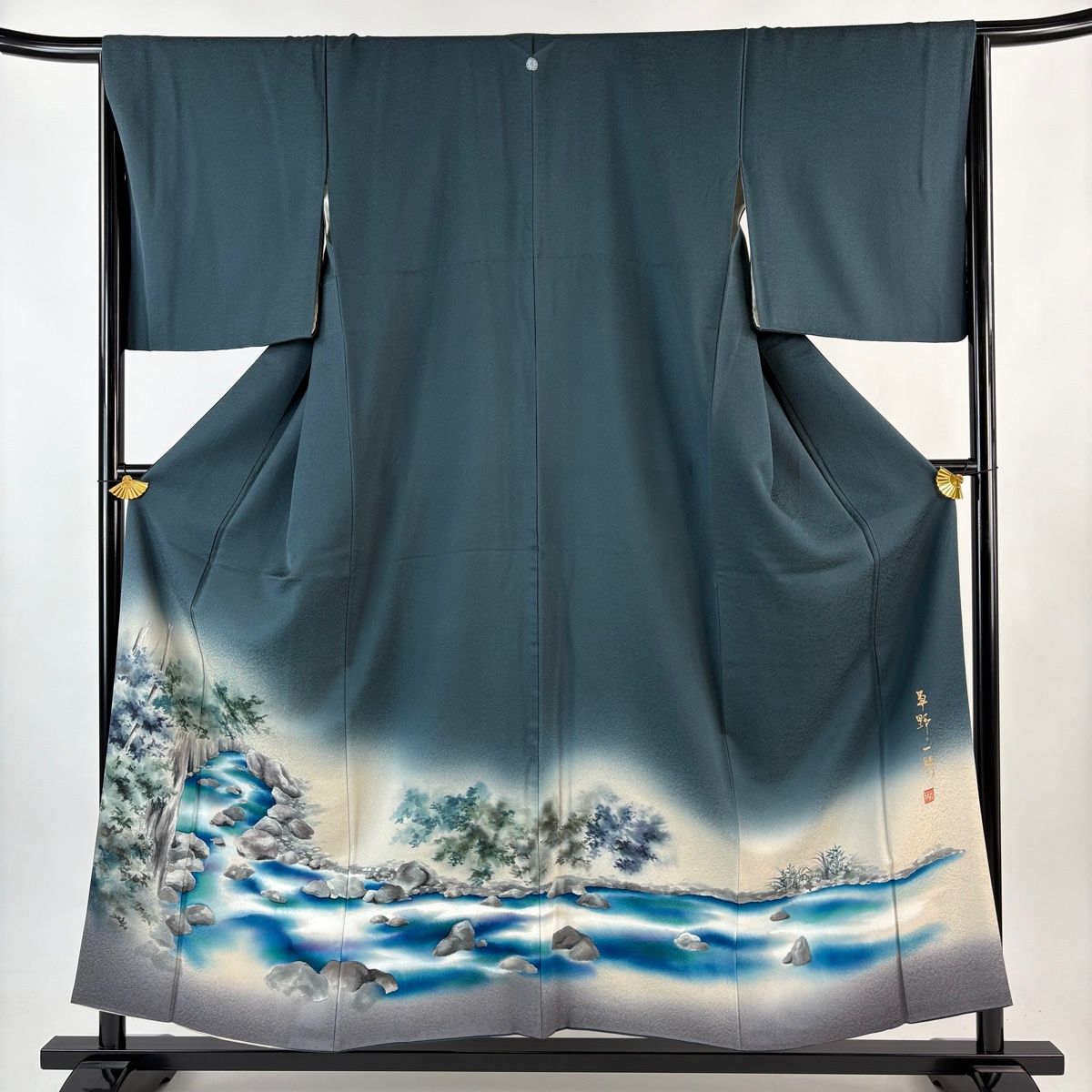 色留袖 身丈155 5 cm 裄丈67 M 袷 草野一騎 落款 水辺の風景 ぼかし 深緑 正絹 一つ紋