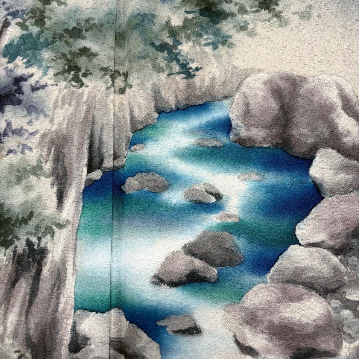  色留袖 身丈155.5 cm 裄丈67 M 袷 草野一騎 落款 水辺の風景 ぼかし 深緑 正絹 一つ紋 色留袖 着物