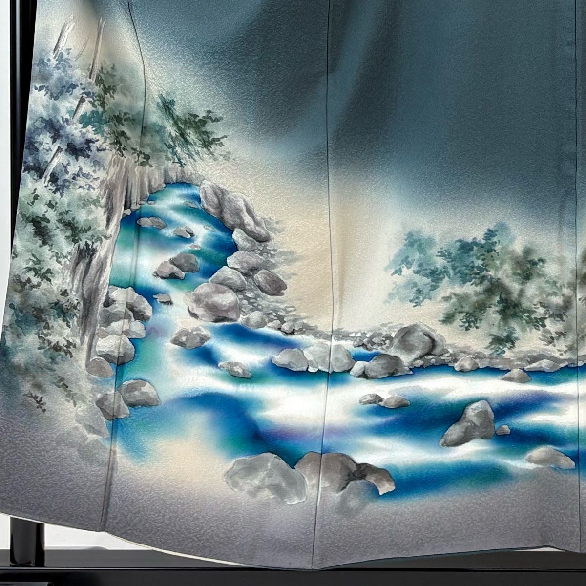 色留袖 身丈155.5 cm 裄丈67 M 袷 草野一騎 落款 水辺の風景 ぼかし 深緑 正絹 一つ紋