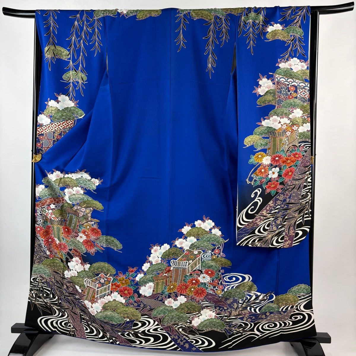 振袖 身丈164.5 cm 裄丈65 M 袷 御所車 松 金彩 青 正絹