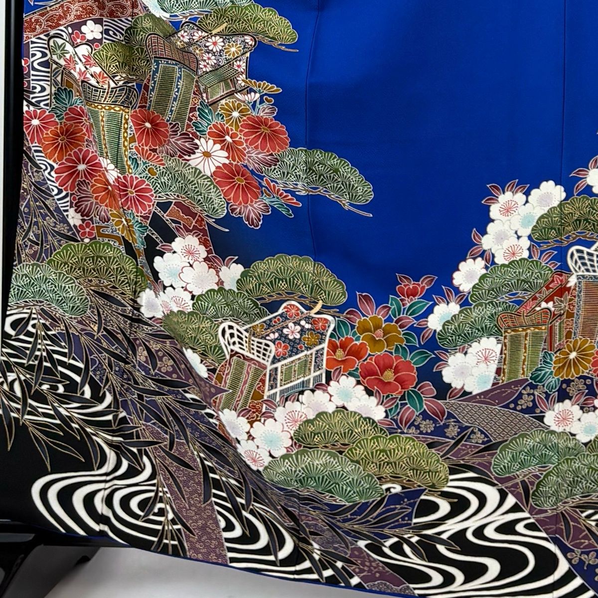 振袖 身丈164.5 cm 裄丈65 M 袷 御所車 松 金彩 青 正絹