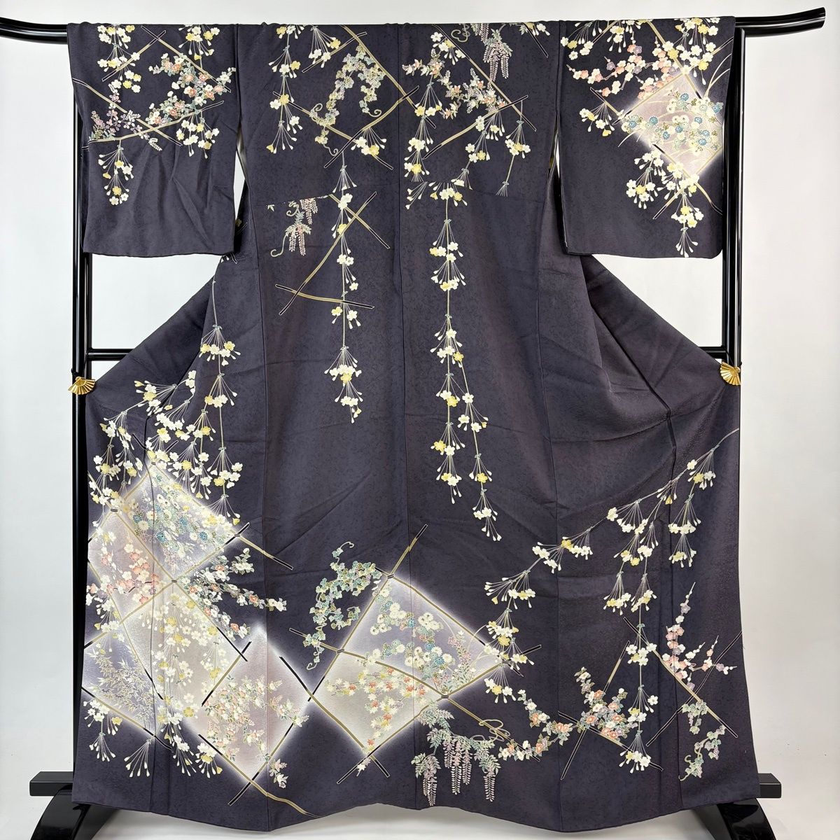 訪問着 身丈162.5cm 裄丈67.5cm L 袷 枝垂れ桜 草花 灰紫 正絹 名品