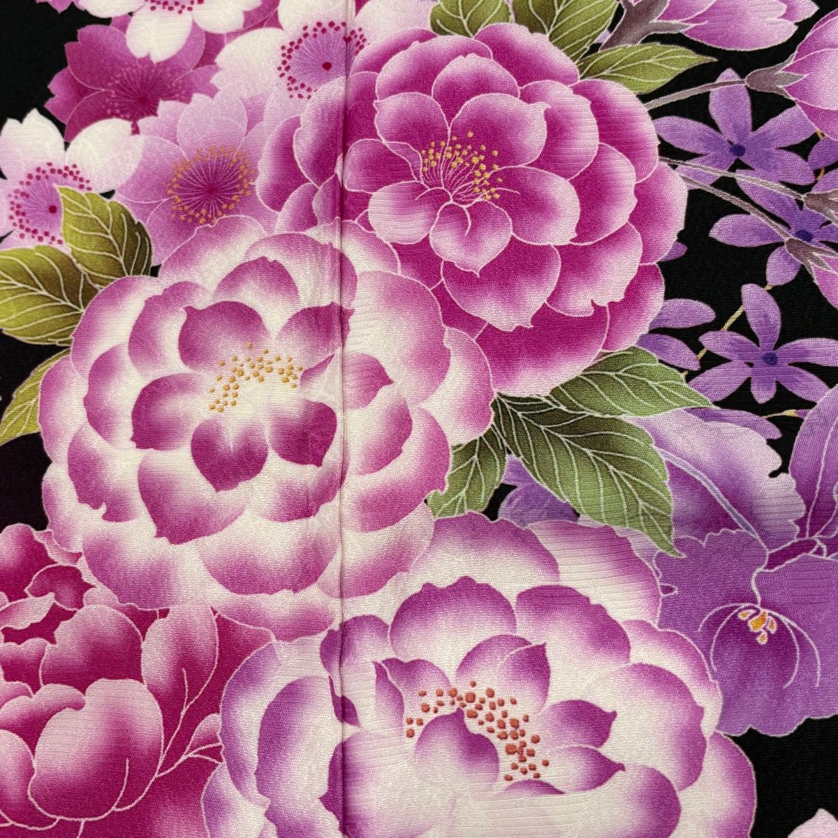 振袖 身丈167cm 裄丈68cm L 袷 桜 牡丹 ぼかし 染め分け 黒 正絹 名品