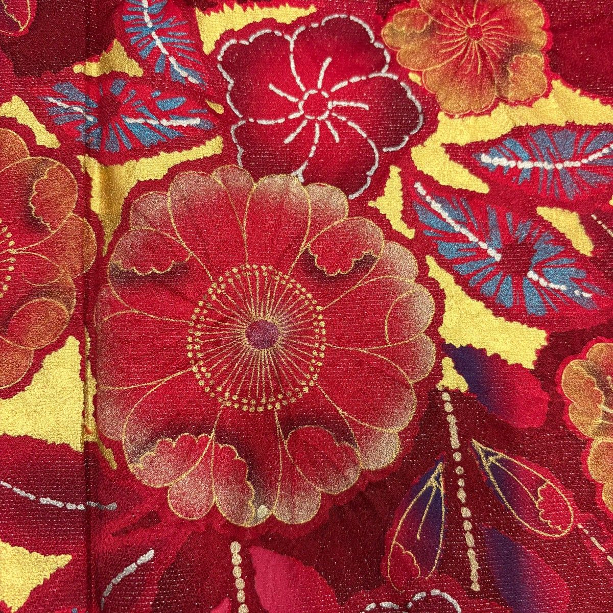  振袖 身丈155 cm 裄丈62 S 袷 草花 扇面 銀通し 金銀彩 赤 正絹 振袖 着物