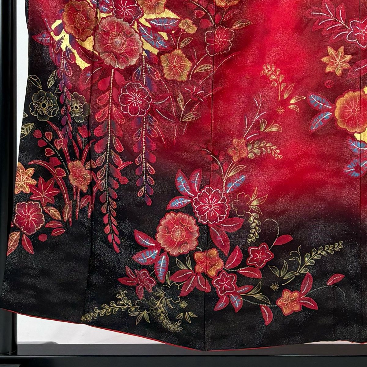 振袖 身丈155 cm 裄丈62 S 袷 草花 扇面 銀通し 金銀彩 赤 正絹