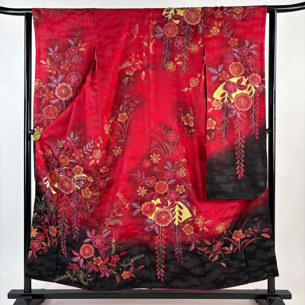 振袖 身丈155 cm 裄丈62 S 袷 草花 扇面 銀通し 金銀彩 赤 正絹
