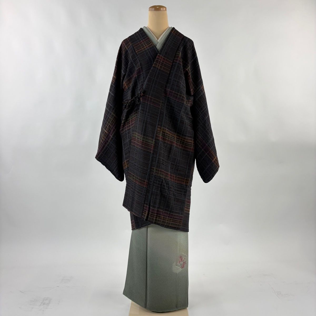 道中着 身丈103 cm 裄丈68 L 和装コート 格子 墨色 正絹