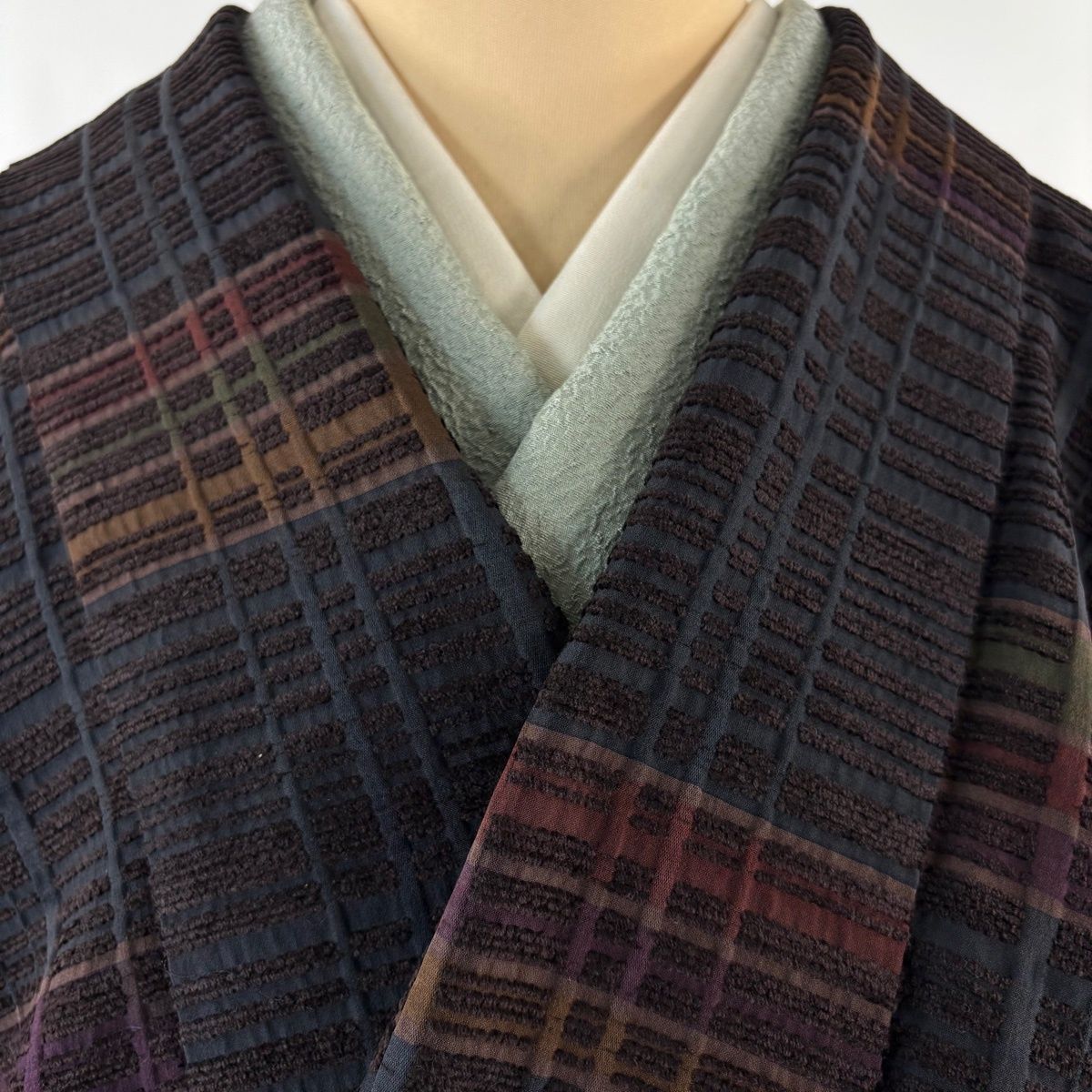  道中着 身丈103 cm 裄丈68 L 和装コート 格子 墨色 正絹 羽織 着物 浴衣