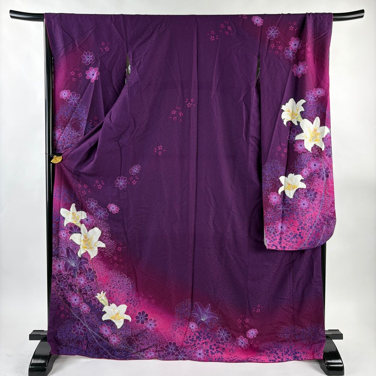振袖 身丈171 cm 裄丈69 L 袷 百合 草花 銀通し ラインストーン 紫 正絹