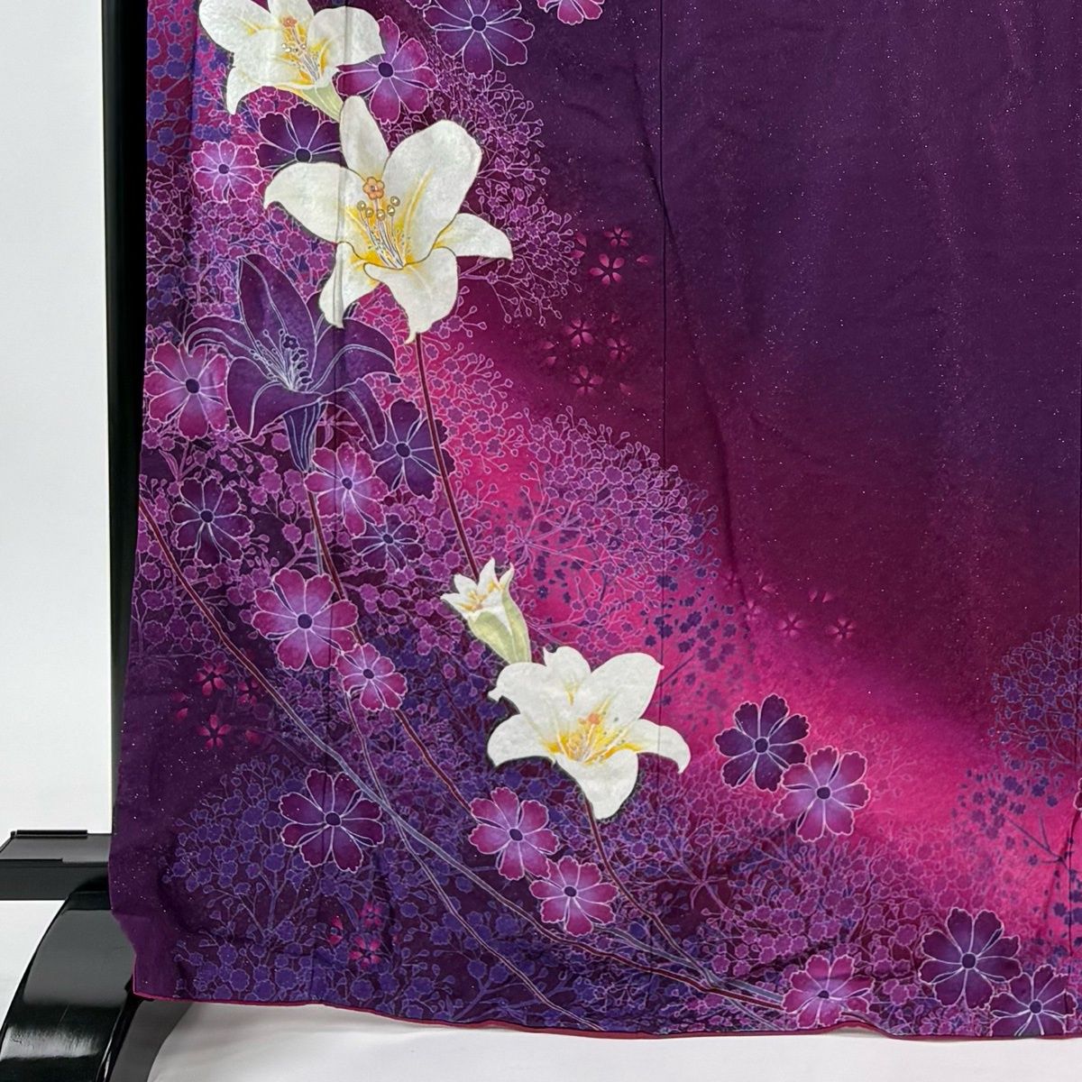 振袖 身丈171 cm 裄丈69 L 袷 百合 草花 銀通し ラインストーン 紫 正絹