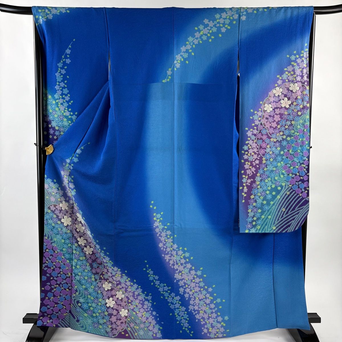 振袖 身丈166 5 cm 裄丈66 M 袷 桜 流水 銀通し 絞り 青 正絹