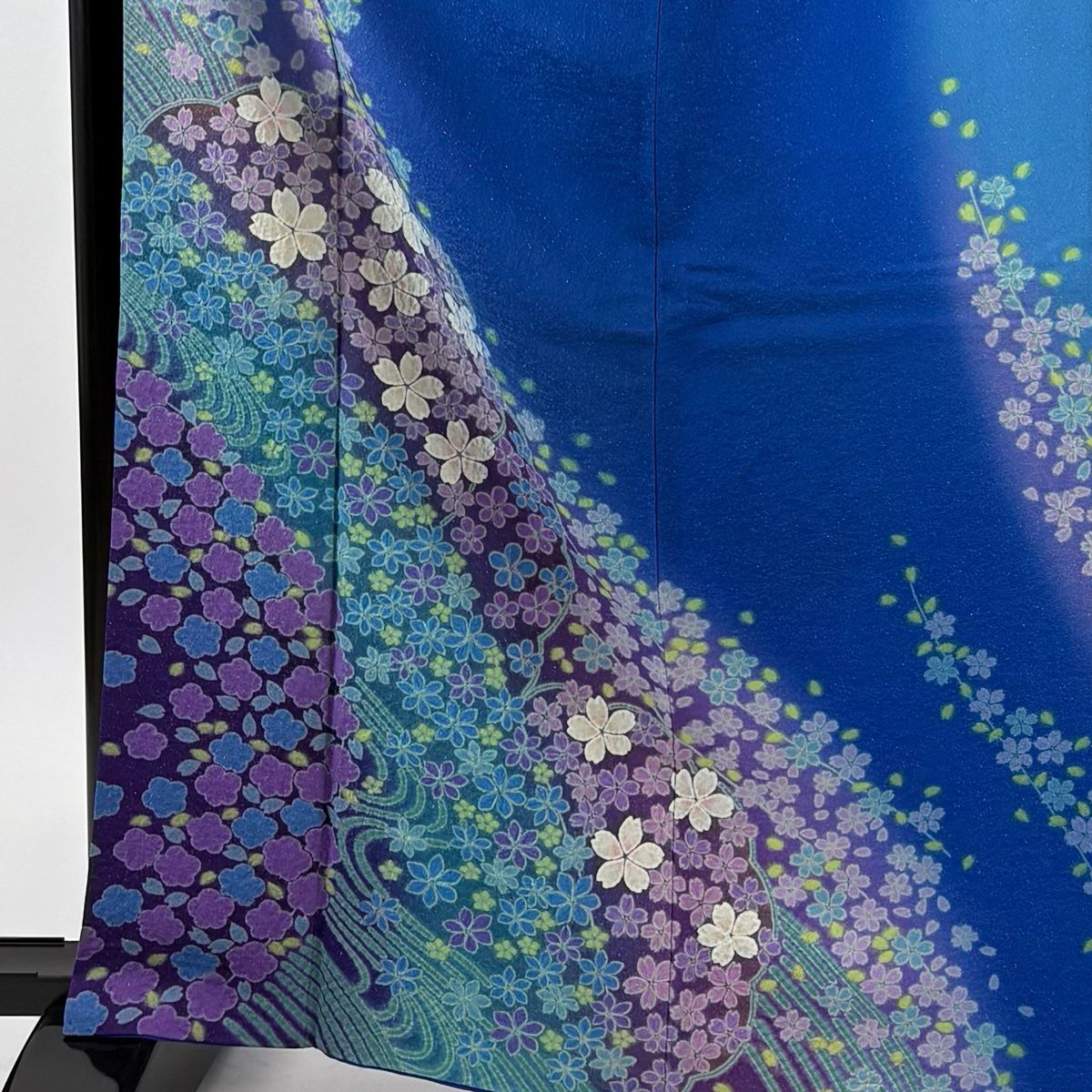振袖 身丈166.5 cm 裄丈66 M 袷 桜 流水 銀通し 絞り 青 正絹