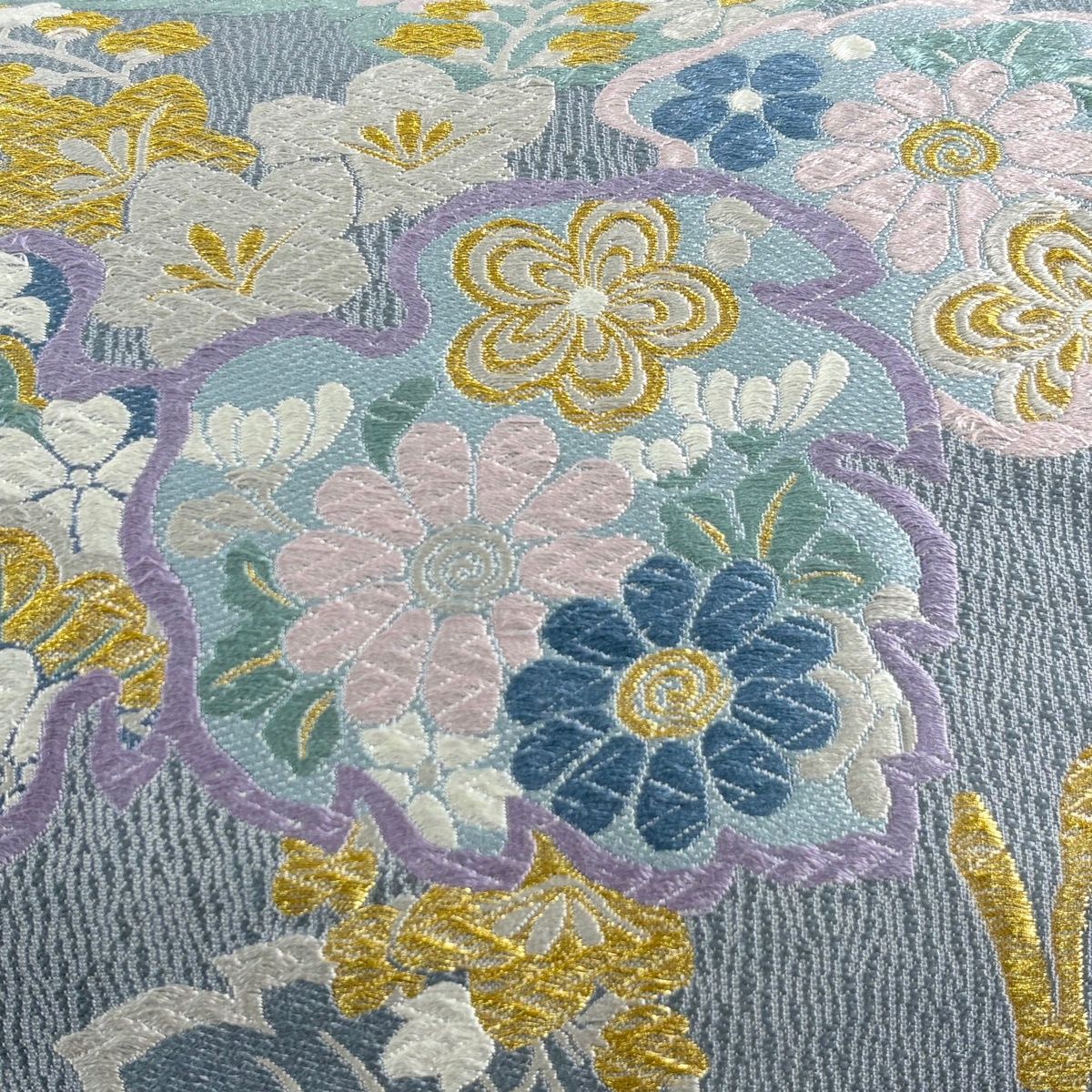 袋帯 落款 桐 松竹梅 唐織 金糸 青灰色 六通 正絹