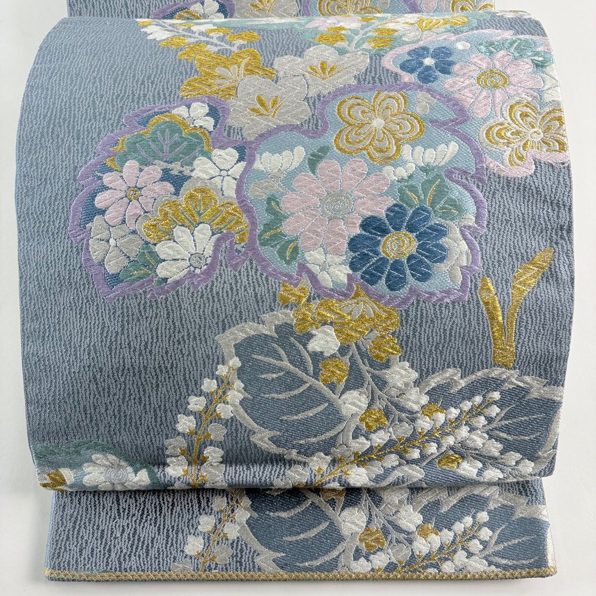 袋帯 落款 桐 松竹梅 唐織 金糸 青灰色 六通 正絹