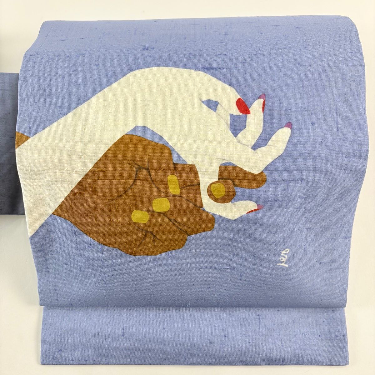 名古屋帯 落款 紬地 手 指 青灰色 正絹