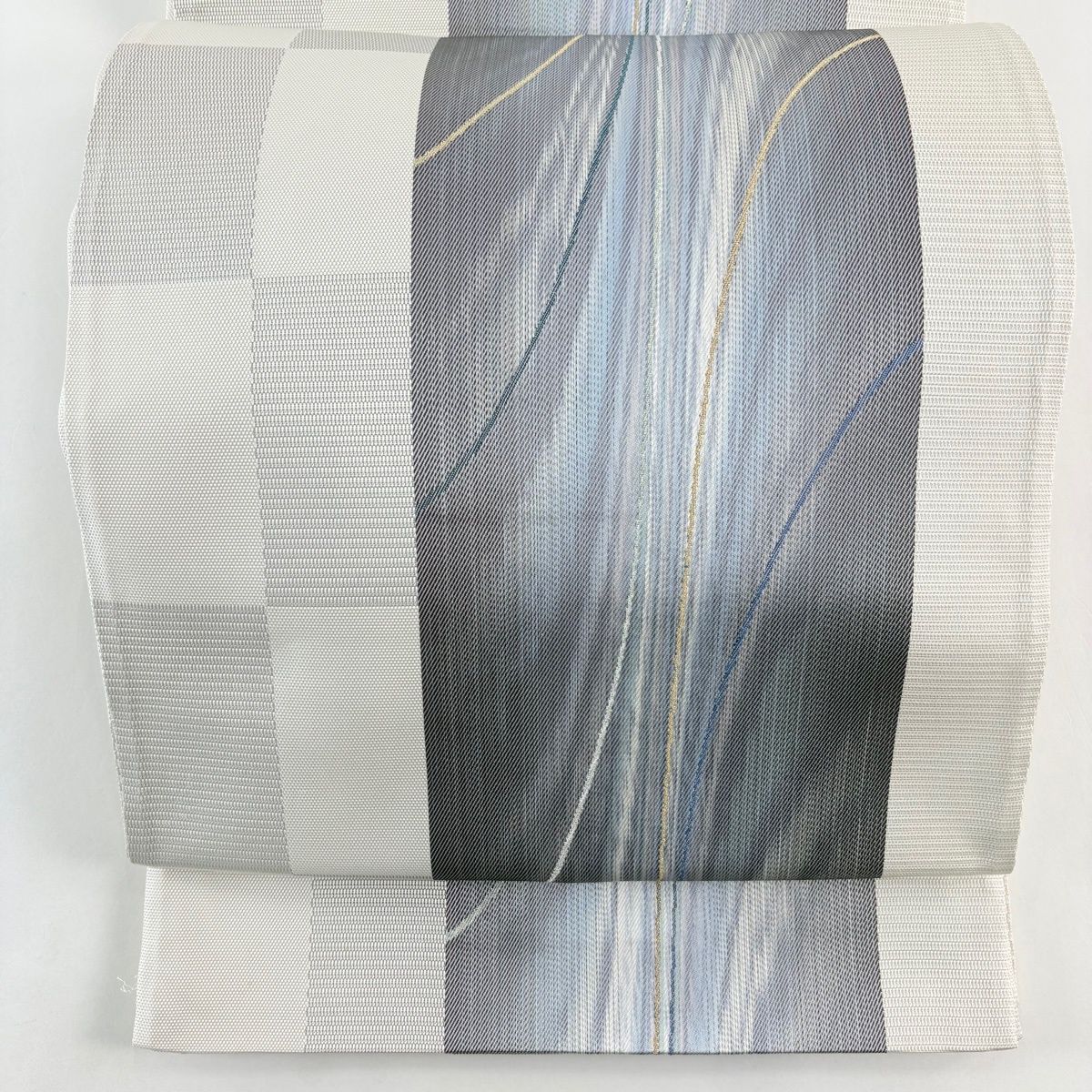 袋帯 市松 幾何学 金糸 ラメ糸 灰色 六通 正絹