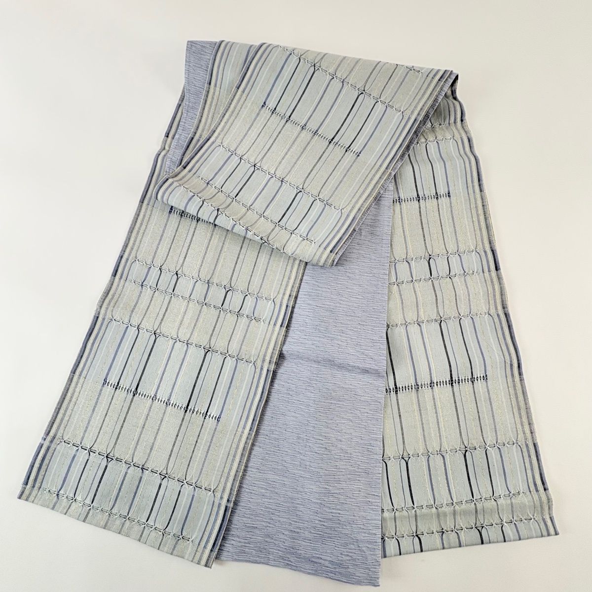  袋帯 縞 幾何学 金糸 青灰色 全通 正絹 袋帯 帯