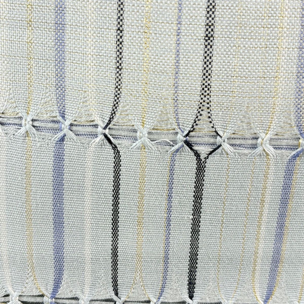 袋帯 縞 幾何学 金糸 青灰色 全通 正絹