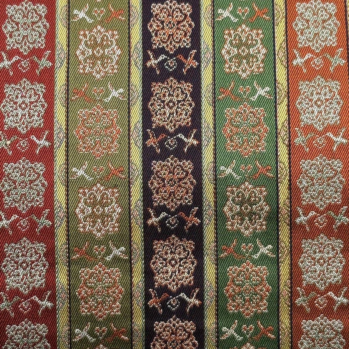 開き名古屋帯 龍村美術織物 華文 縞 銀糸 鶯色 正絹