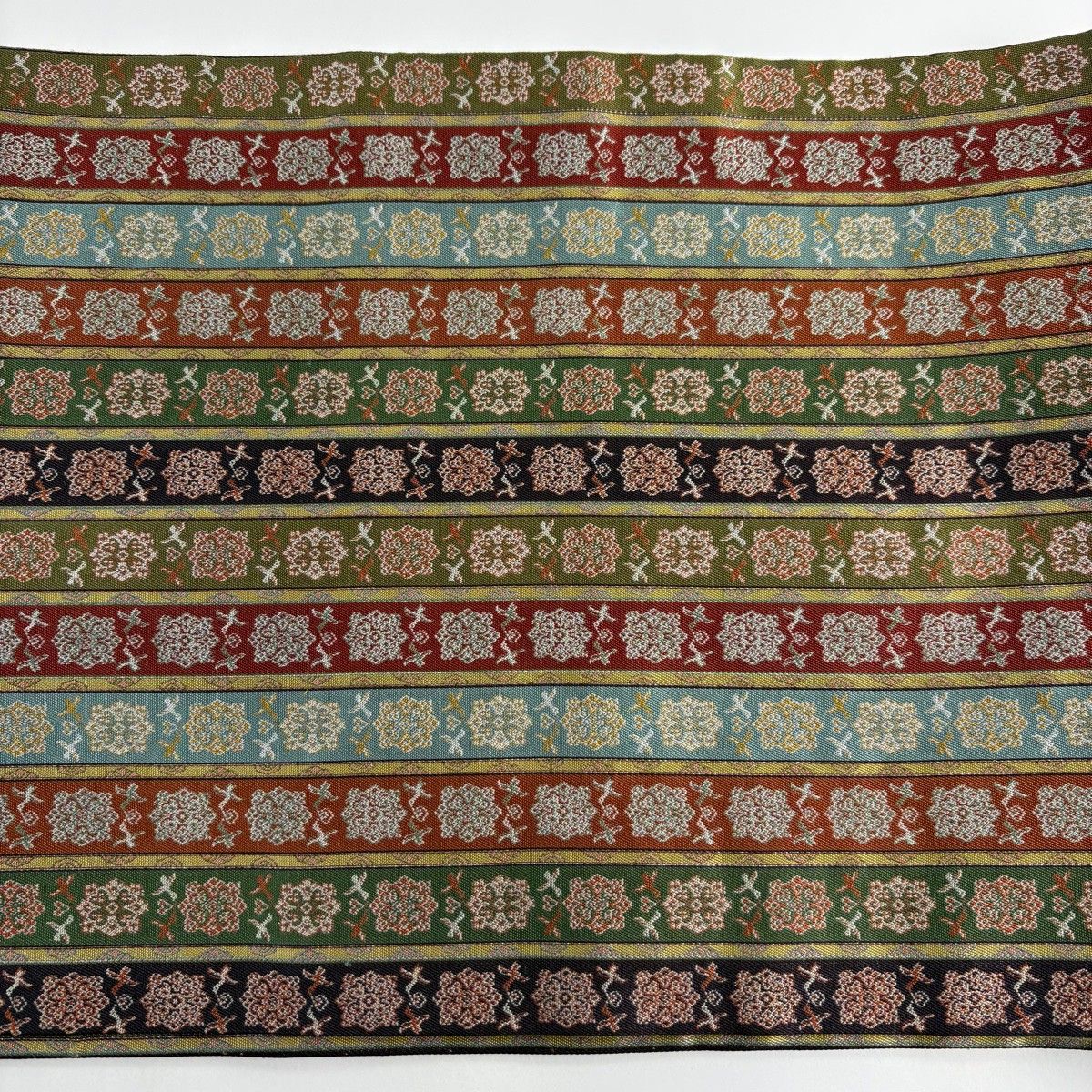  開き名古屋帯 龍村美術織物 華文 縞 銀糸 鶯色 正絹 名古屋帯 帯