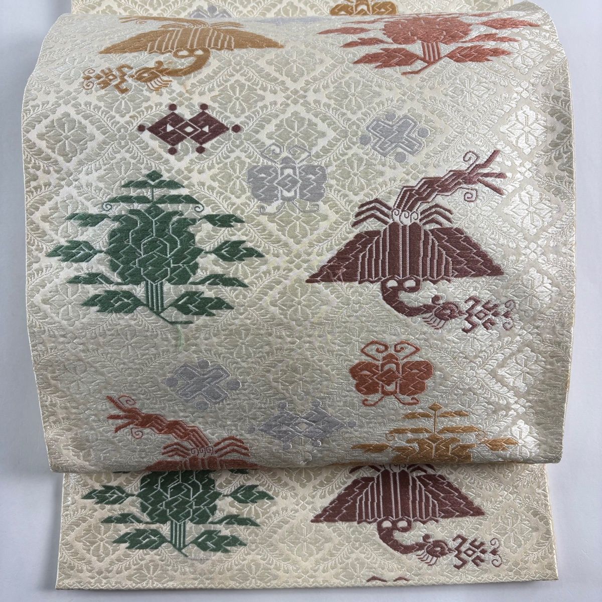 袋帯 関西仕立て 鳥 草花 唐織 クリーム 六通 正絹