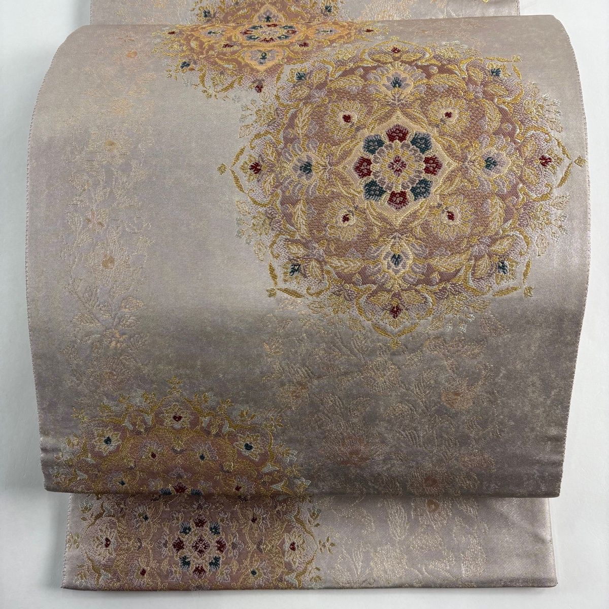 袋帯 華文 草花 箔 金糸 灰紫 六通 正絹