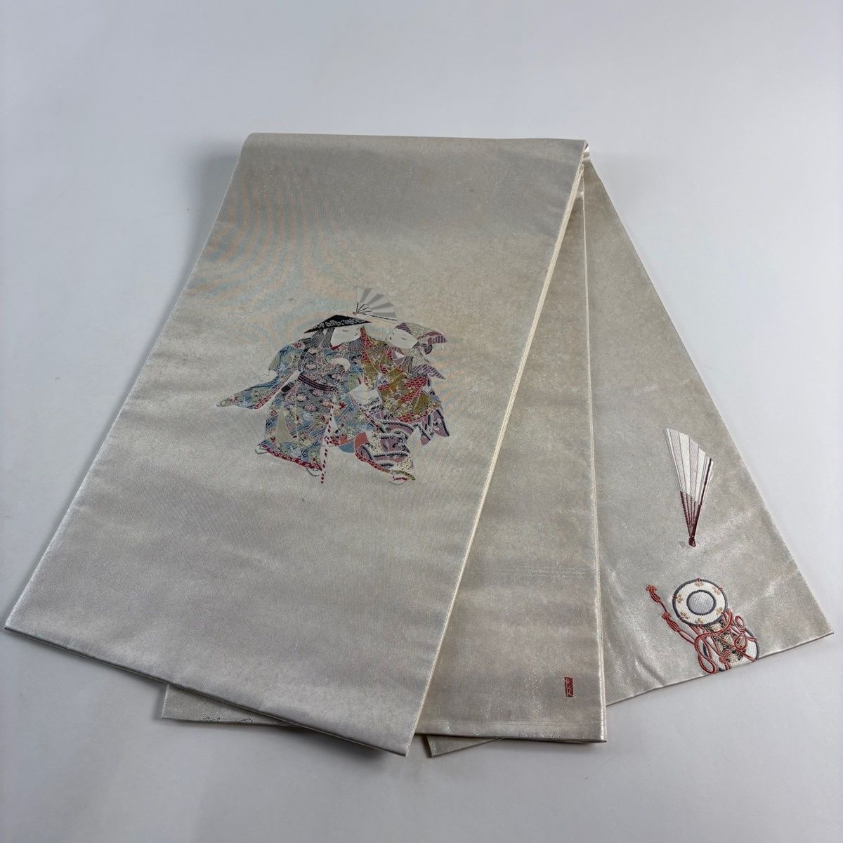  袋帯 落款 関西仕立て 瀞銀錦 長嶋成織物 由水十久監修 童 桧扇 箔 刺繍 銀色 お太鼓柄 正絹 袋帯 帯