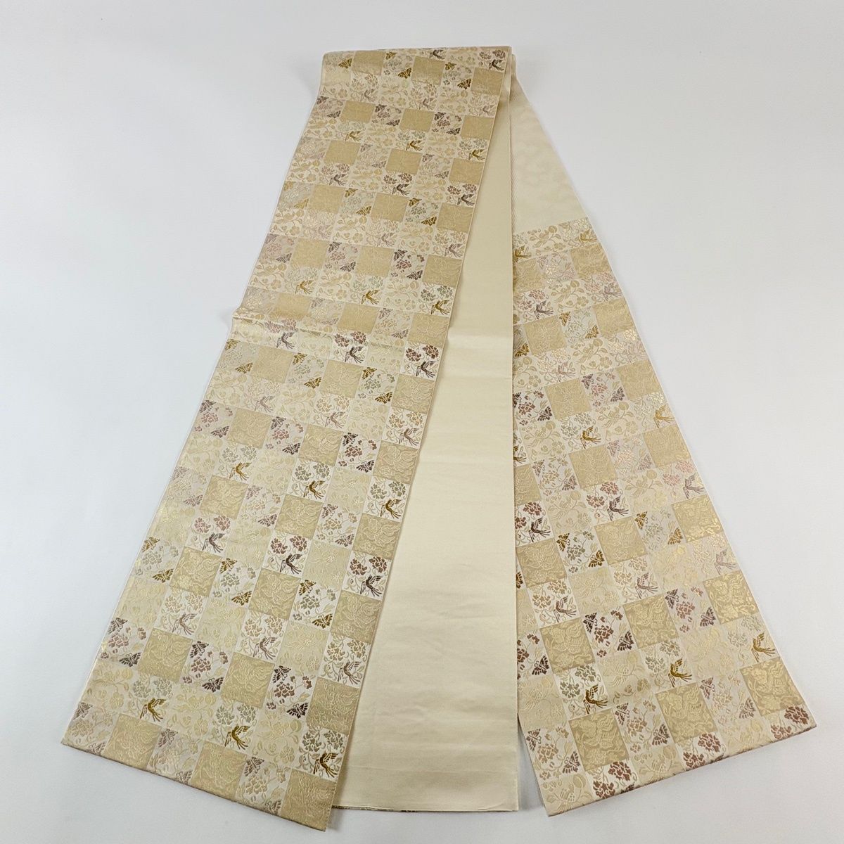  袋帯 箔屋清兵衛 落款 草木染 欧亜吉祥文 箔 ベージュ 六通 正絹 袋帯 帯