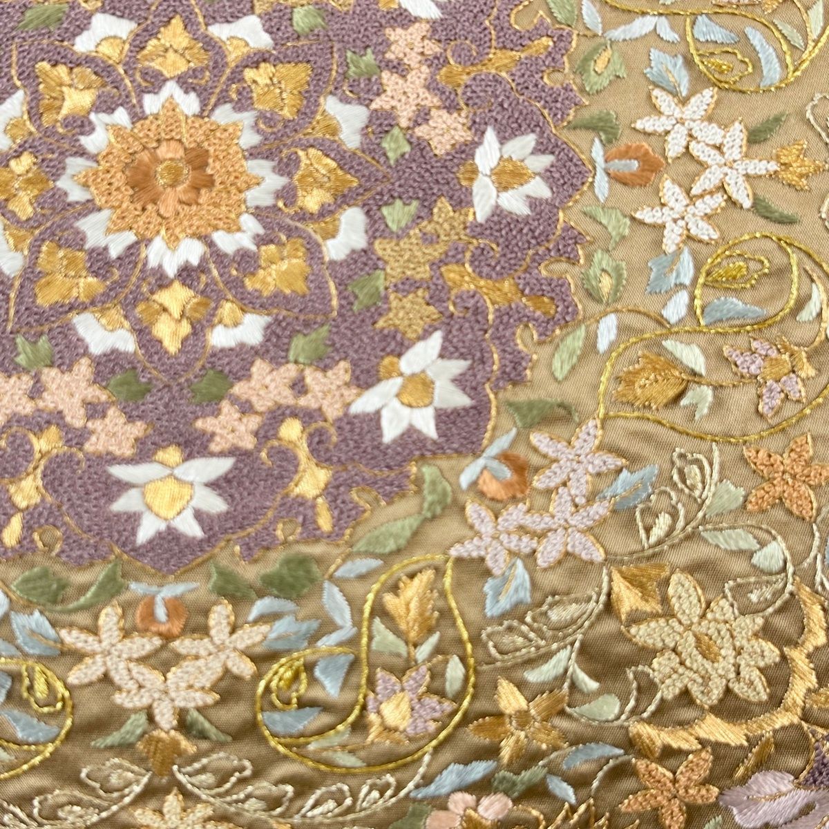 袋帯 華文 草花 刺繍 金糸 茶色 お太鼓柄 正絹