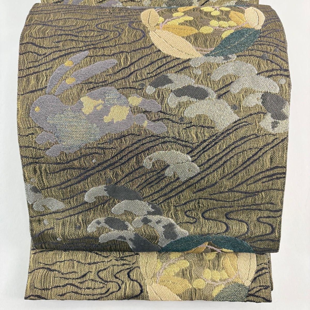 美品】 袋帯 名品 安藤一兆謹製 うさぎ 波頭 金糸 銀糸 金色 六通 正絹