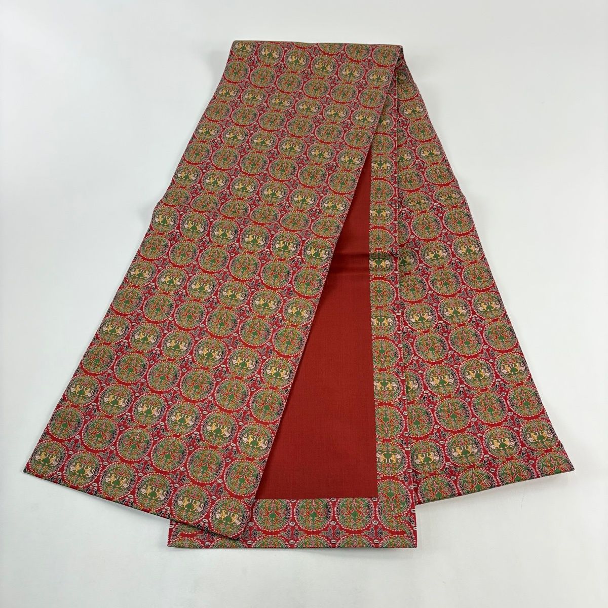 美品】 開き名古屋帯 名品 龍村美術織物 比翼仕立て 樹下双樹 赤 正絹