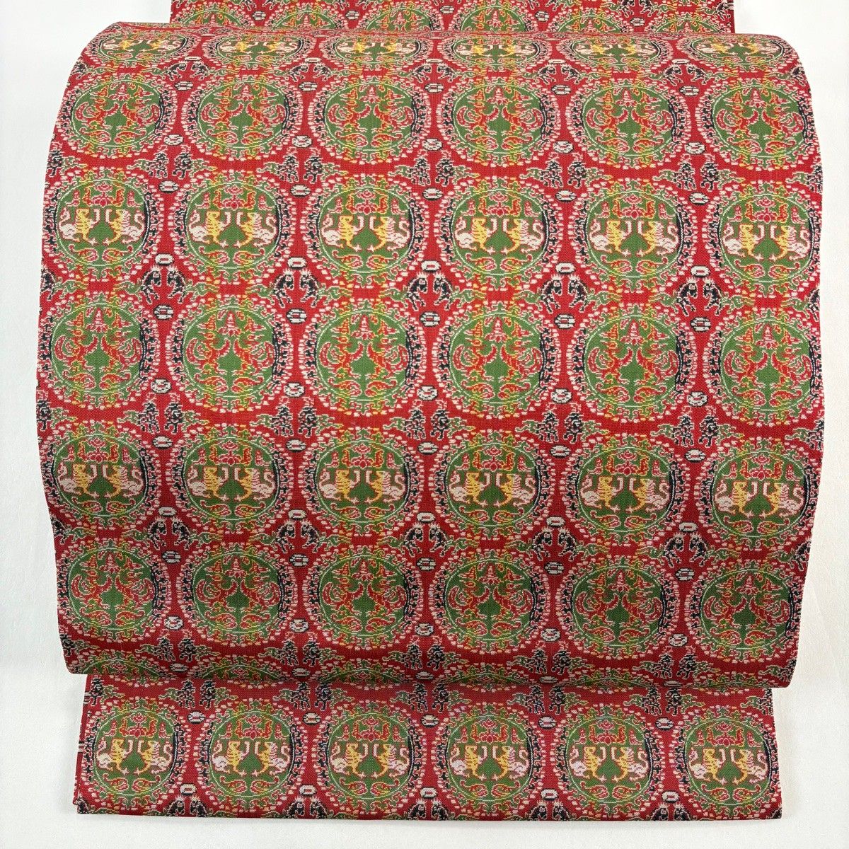 美品】 開き名古屋帯 名品 龍村美術織物 比翼仕立て 樹下双樹 赤 正絹